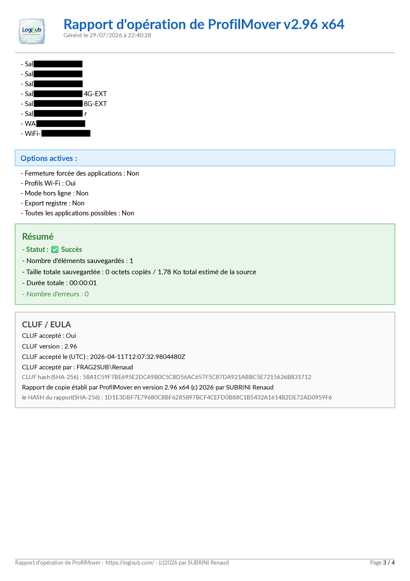 rapport de sauvegarde