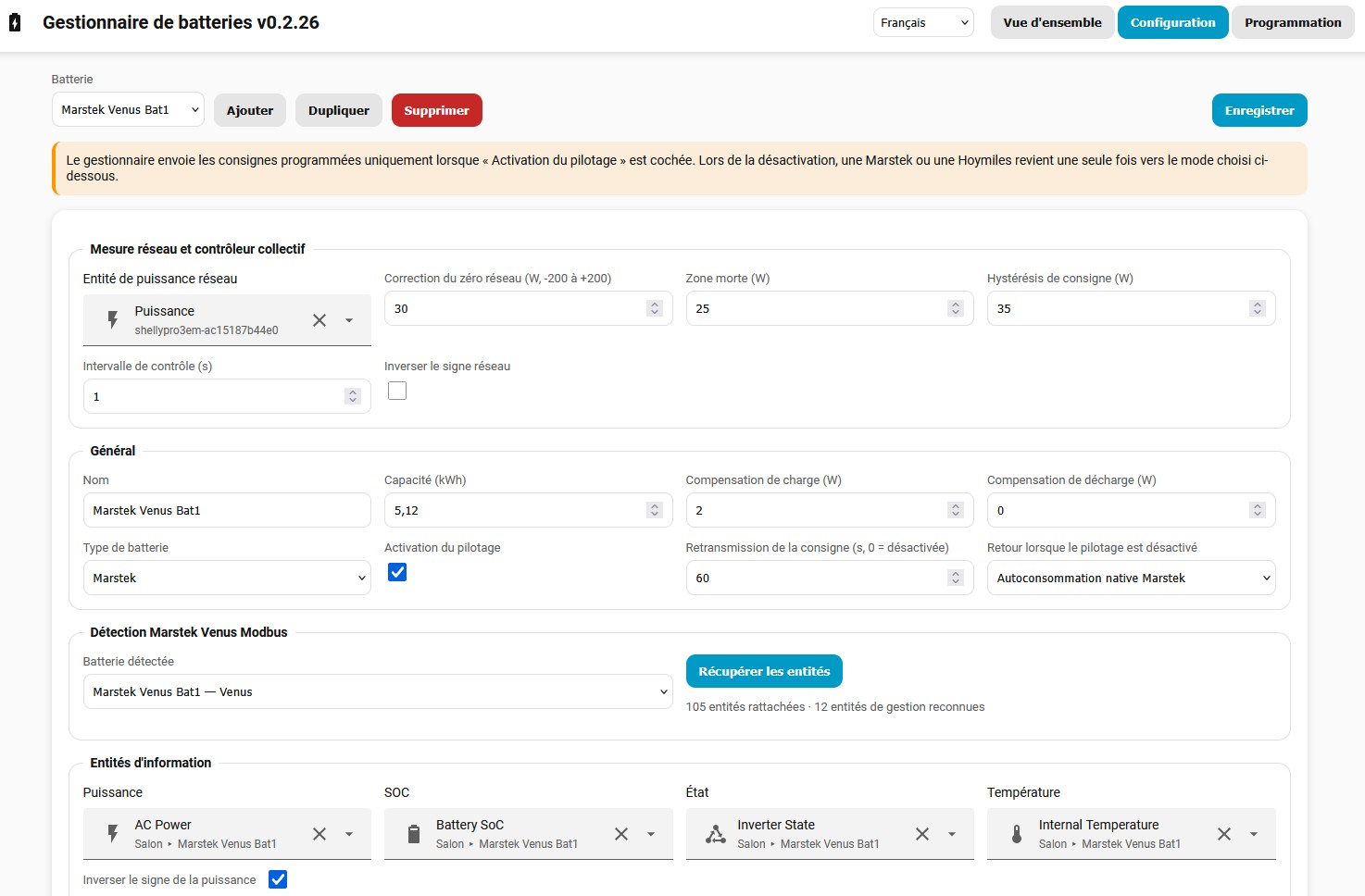 Configuration générale d’une batterie Marstek dans Battery Manager