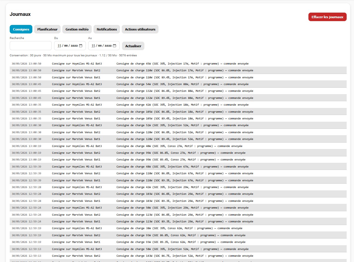 Historique des consignes, du planificateur et des actions dans Battery Manager