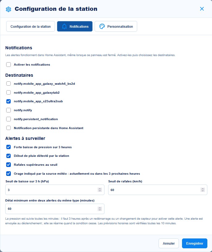 Réglages des alertes et notifications météo